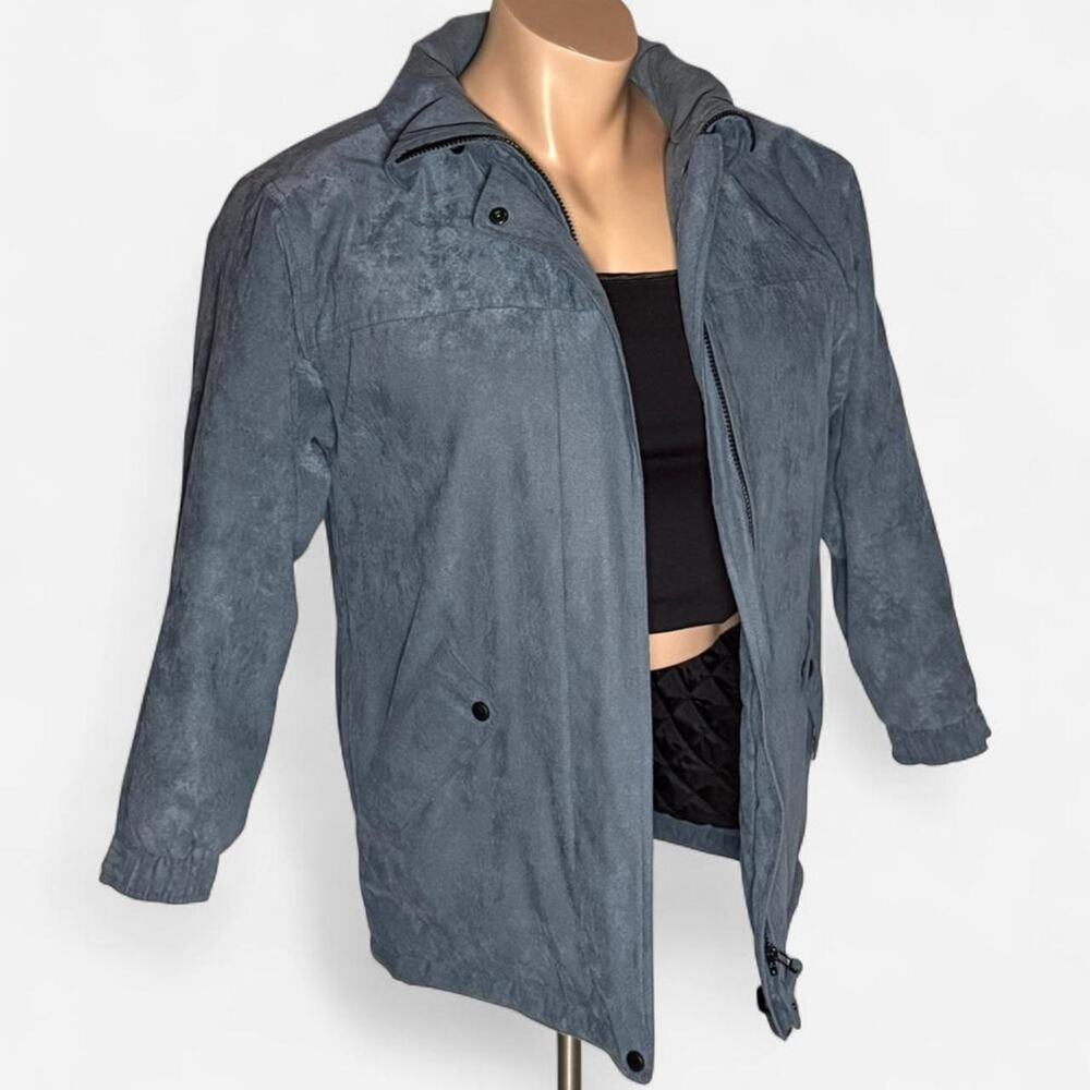 Neyelle Vintage Blue Faux Suede Coat Jacket with Quilted Lining, Zipper Closure